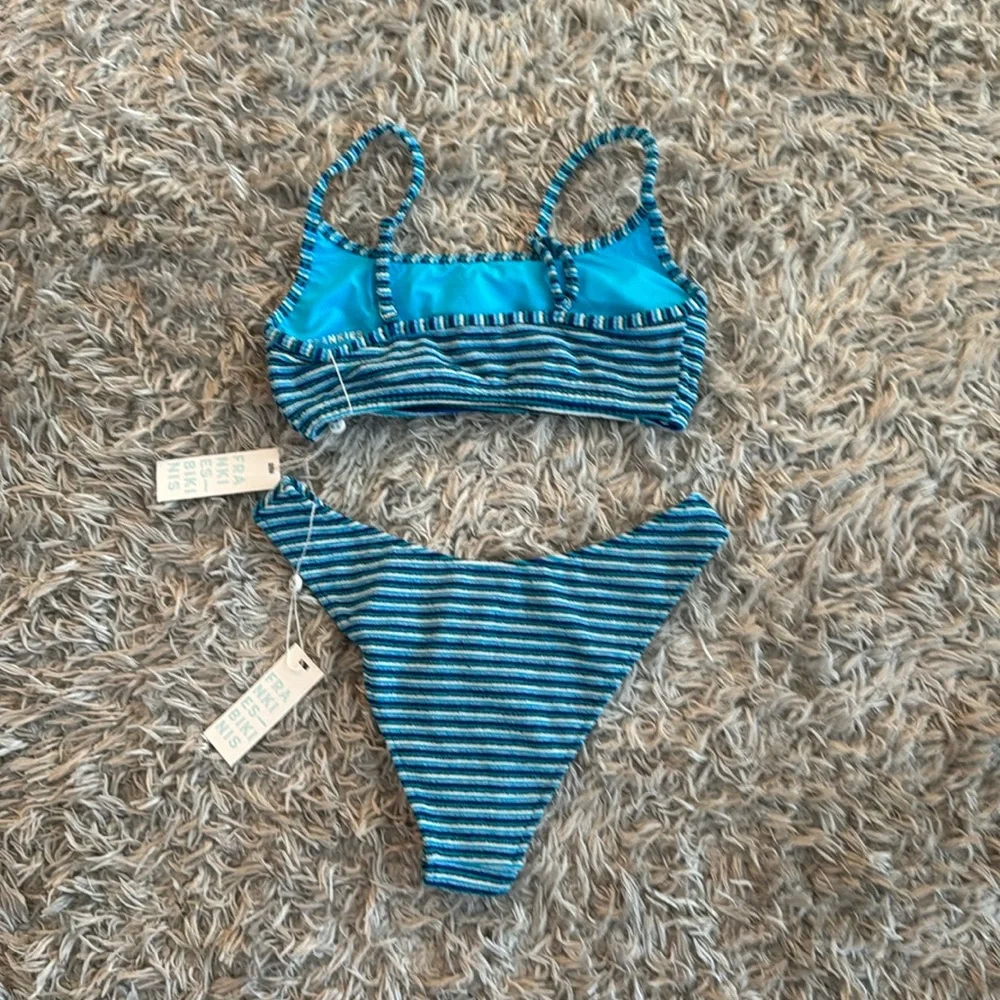 Frankie’s Bikinis Blue Stripe Bay View Terry Top & Dove Terry Bottom Bikini Set
